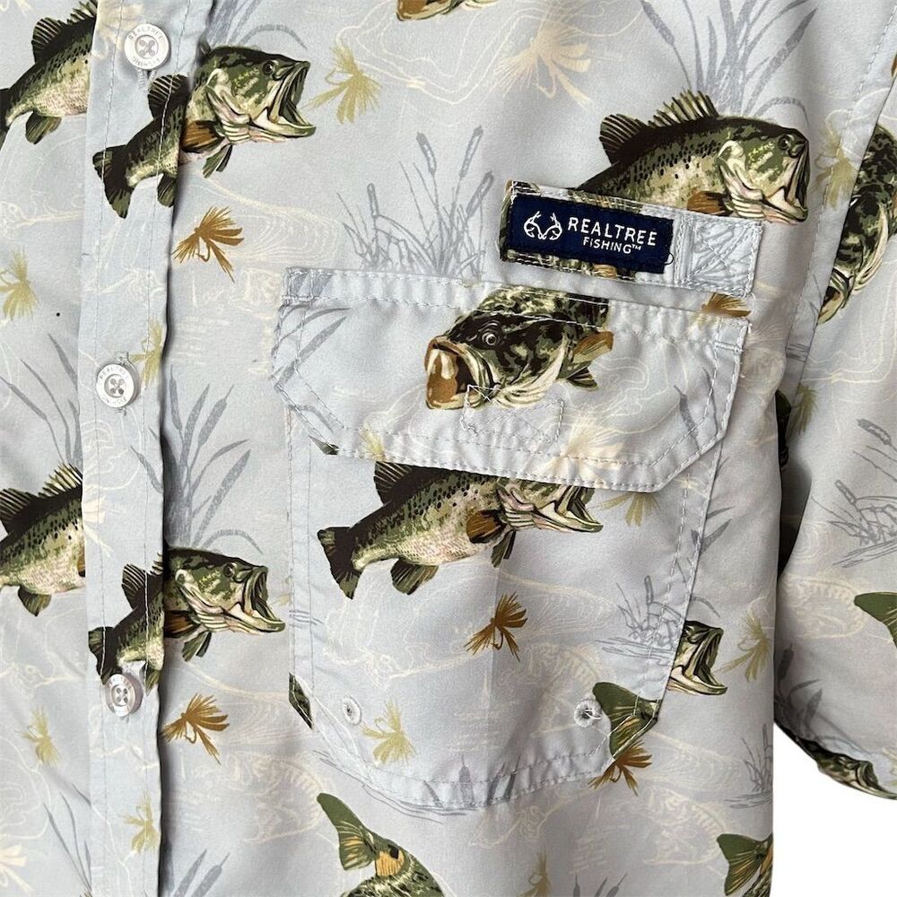 Realtree Fishing Men's Gray Fish Print Button-Up Shirt Size L - Picture 5 of 11